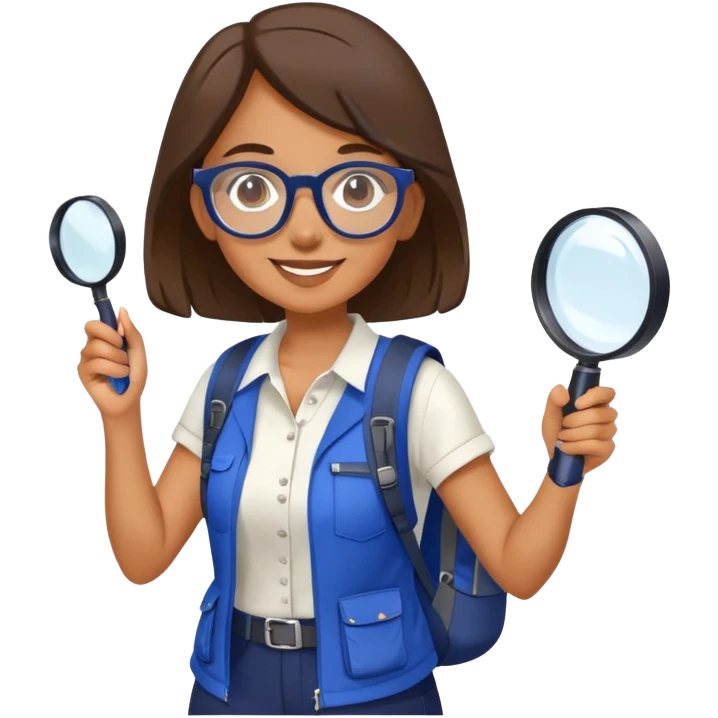 Happy woman hiker with glasses in vibrant dark blue and white outfit, backpack, holding magnifying glass emoji