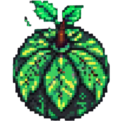 Green digital bomb with leaf-shaped fuse at the top, round black bomb body with green accents, pixel art style emoji
