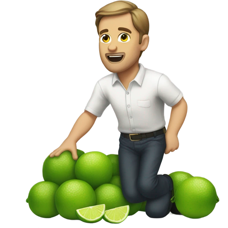 The same white man with brown hair bending down to pick up many fallen limes on the floor . No facial hair at all emoji