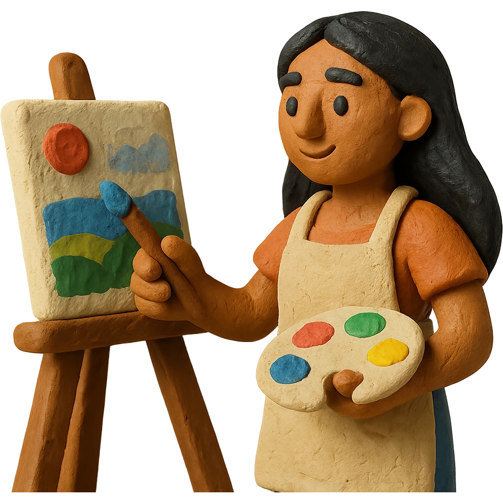 tanned woman artist with long black hair, wearing an apron, painting at an easel, holding a palette and brush, claymation style emoji