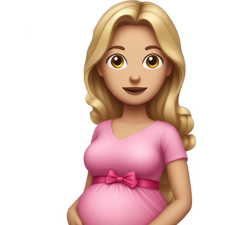 White pregnant woman with blue eyes and Dark blond hair, pink dress with bow and pink heart ballons.  emoji