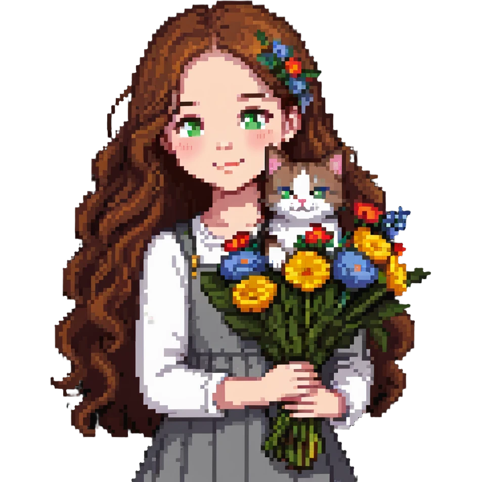 A cool girl with long brown hair and fair skin tilts her head and holds a bouquet of flowers and a cat emoji