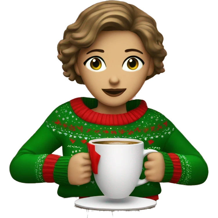 Light brown short haired girl with green eyes drinking coffee wearing red Christmas sweater emoji