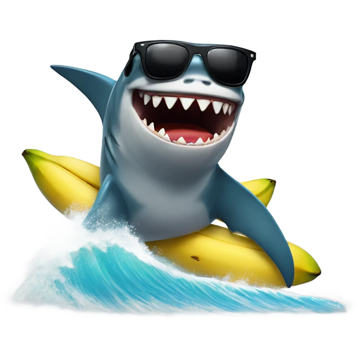 A shark with sunglasses surfing on a wave of bananas emoji