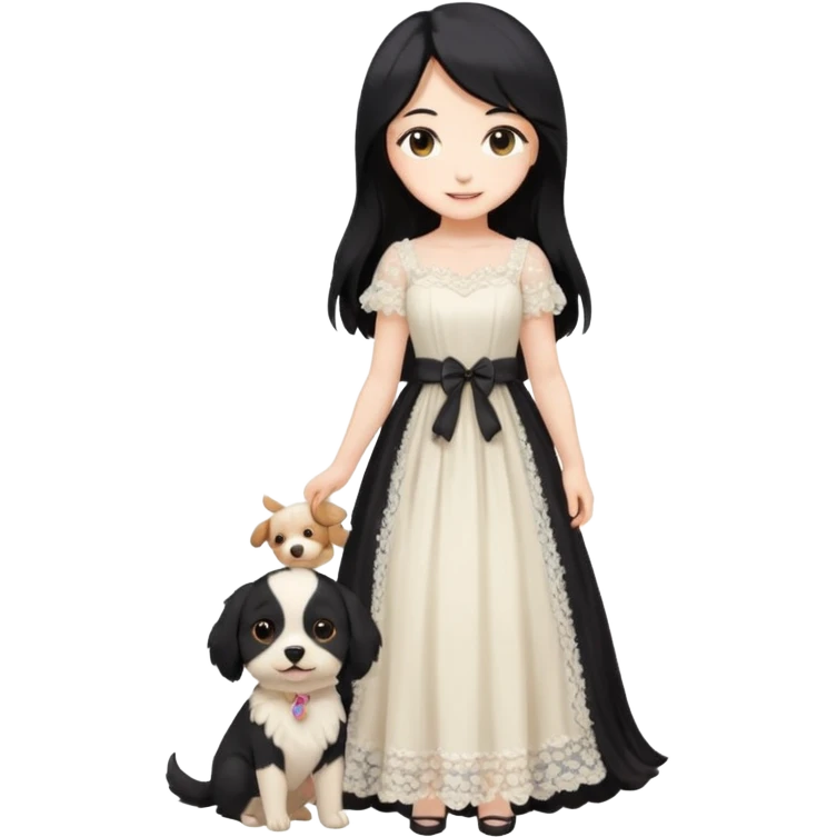 Pastel anime lady long hair with long lace dress full body holding puppy emoji