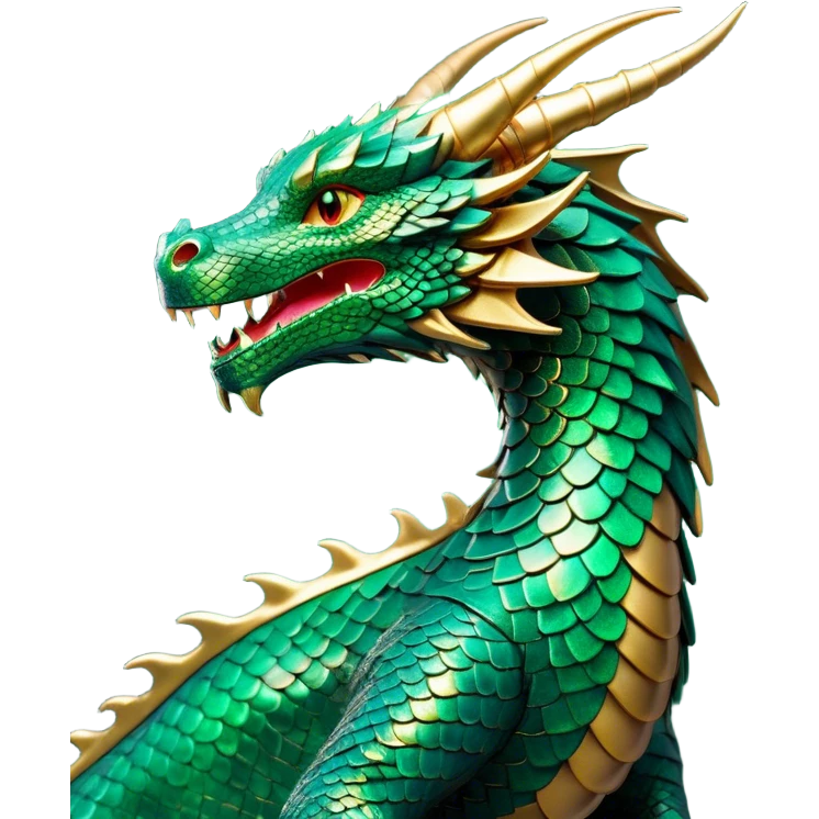 Cinematic Noble Dragon Portrait Emoji, Poised and majestic, with a sinuous, elongated body covered in intricately detailed, shimmering scales in hues of emerald and gold, and piercing, fiery eyes that reflect ancient wisdom; rendered with lifelike texture and natural highlights, high shine, intelligent and formidable, styled with an aura of mythic power, focused and attentive, soft glowing outline, capturing the essence of a legendary dragon that appears ready to soar out of the screen with timeless authority! emoji