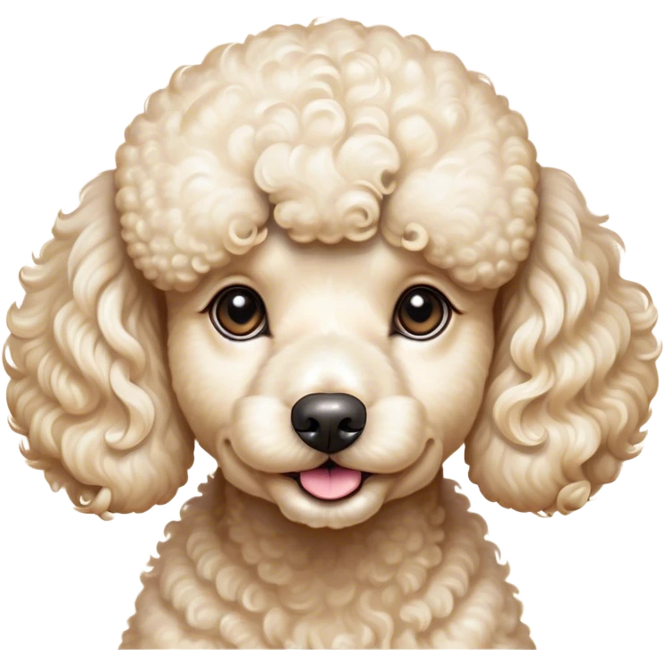 Cinematic Cute Cream Poodle Portrait Emoji, Head tilted playfully and inquisitively, showcasing a bouncy, curly cream Fur with a luminous sheen, round, sparkling warm eyes filled with curiosity, Simplified yet irresistibly adorable features, highly detailed, glowing with a warm, friendly glow, high shine, affectionate and lively, stylized with a touch of whimsy, bright and endearing, soft glowing outline, capturing the essence of a mischievous yet loving companion, so playful it feels like it could bounce out of the screen and into your arms! emoji