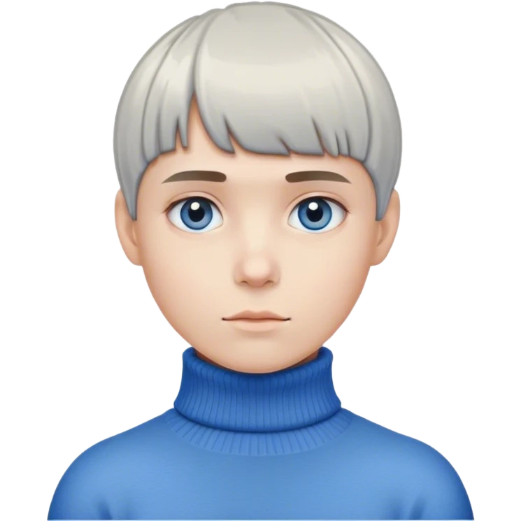 Grey bowl cut, blue eye, chunky turtleneck emoji