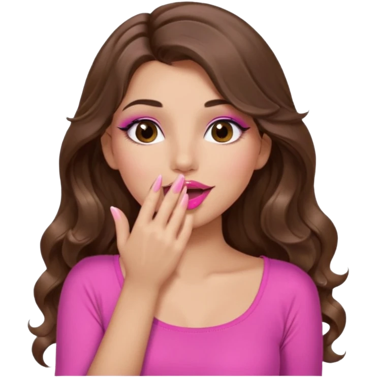 girl with long wavy brown hair, brown eyes, long lashes makeup, sexy pink lips, light to medium complexion, wearing a pink sexy top, sexy, giggling hand covering mouth emoji