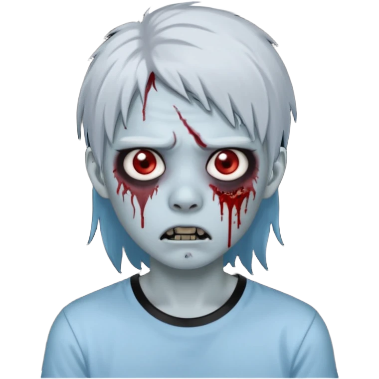 Create a 3D emoji-style avatar with very pale blue-grey zombie skin like the reference image, a young Asian face, and large eyes with blood tears. Give it white mullet-style hair, silver hoop earrings, and a plain black T-shirt. The face expression should be slightly angry emoji