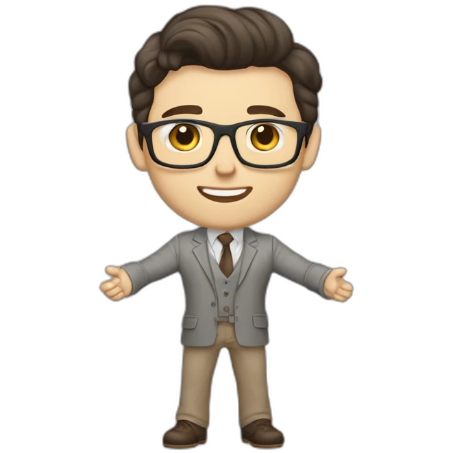 Full height Pale skinned Fit Man With dark brown hair in gray classic jacket, beige office shirt, Brown pants and vintage glasses. Thrumbs of his palms upwards emoji
