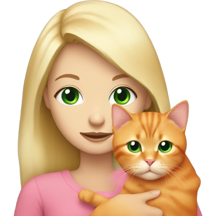 blonde hair green eyes girl hold a orange cat with a pink cover over them emoji