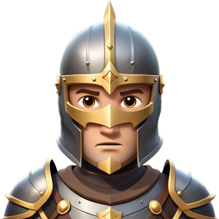 clash-of-clans-aesthetic_-cinematic-fearsome-and-majestic-knight-bust-portrait-emoji, rendered in a flat, vector-style with minimal shading and bold, simplified shapes, depicting a battle-ready medieval knight with steely eyes and intricate armor, riding on a black warhorse looking regal reflecting sunlight over a misty battlefield. emoji