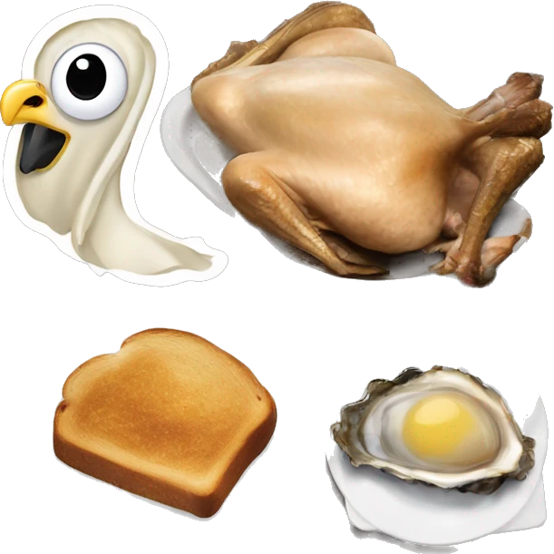 Standing crazy Turkey next to blackened toast and oysters and a a slice of toast emoji