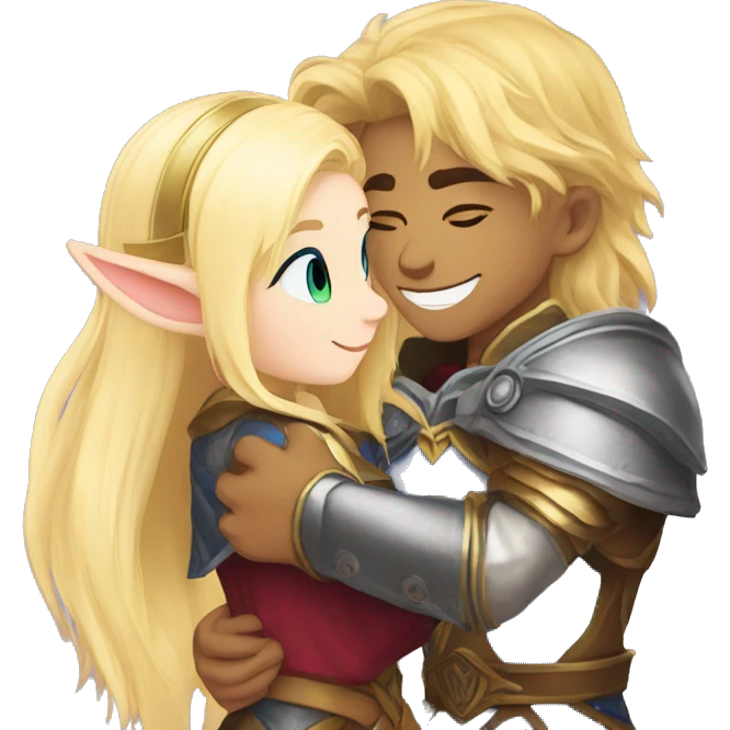 A lion paladin and a blonde elf mage hugging emoji