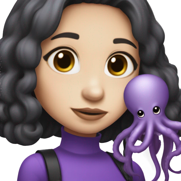 girl with white skin, longish very dark brown/black hair, wearing an all-purple full body outfit, holding a purple octopus in her hand, holding an IQOS in her other hand emoji