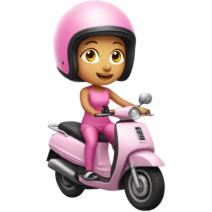 girl in helmet riding moped, wearing pink leggings and top emoji