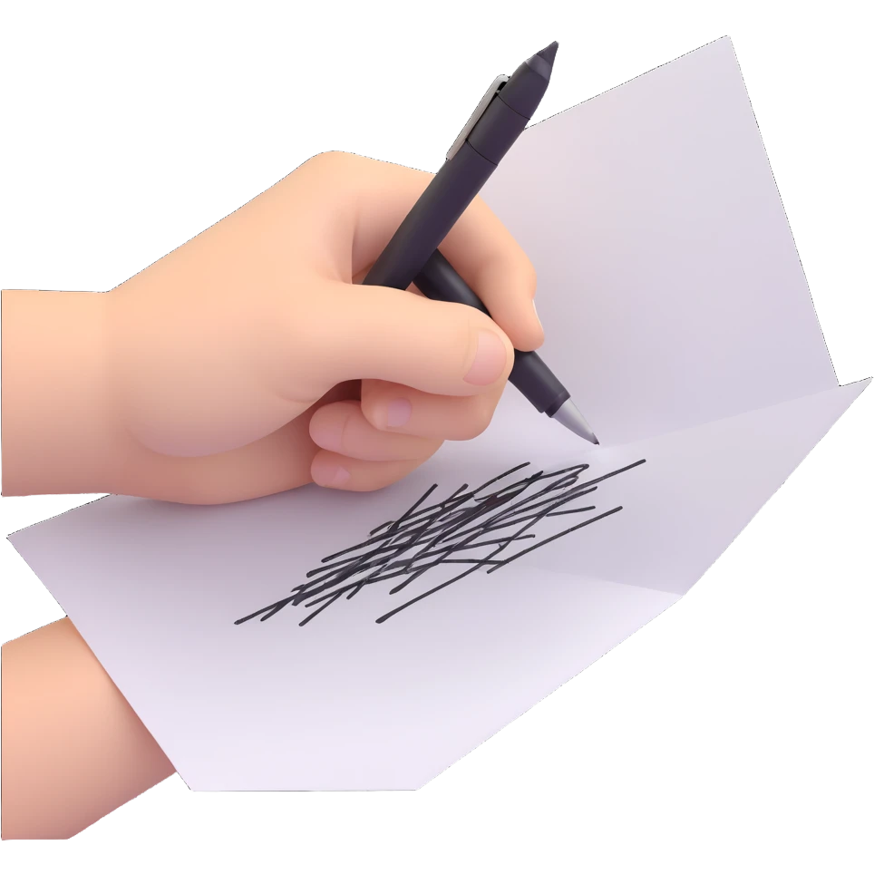 A hand holding a pen, aggressively scribbling on a piece of paper. The pen is clearly visible. The paper is filled with random black scribbles, so dense that most of it looks nearly black emoji