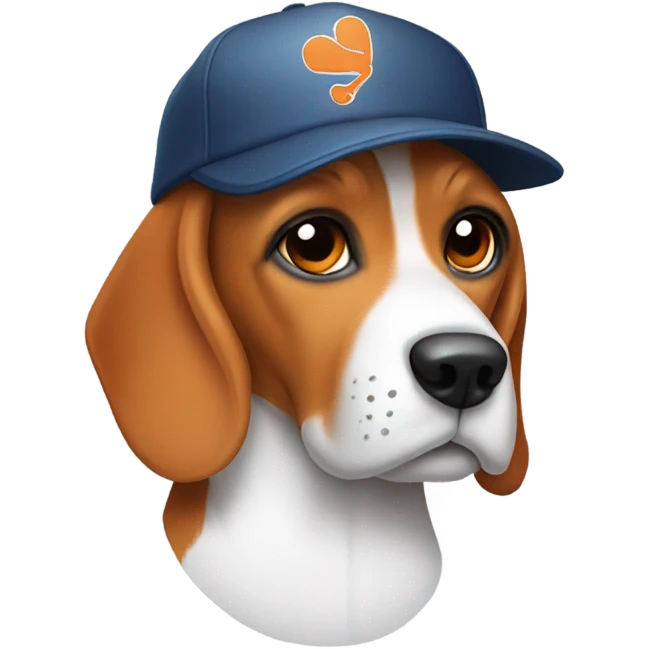 beagle wearing an orange baseball hat with a white t on it emoji
