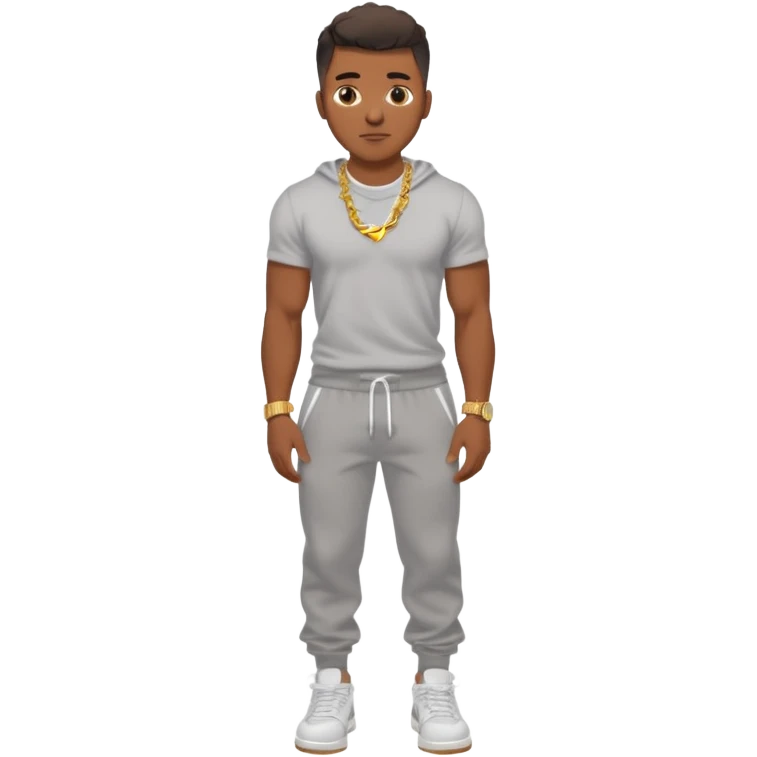 Handsome Black guy with brown skin tone, with muscular build, wearing gray sweatpants, a white t-shirt, white Air Force Ones sneakers, a small gold rope chain, and a gold watch  emoji