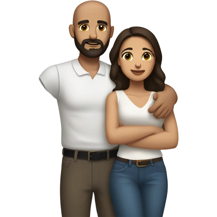 Comforting hug from brunette Puerto Rican with dark brown eyes to short, bald man with brown eyes and a beard emoji