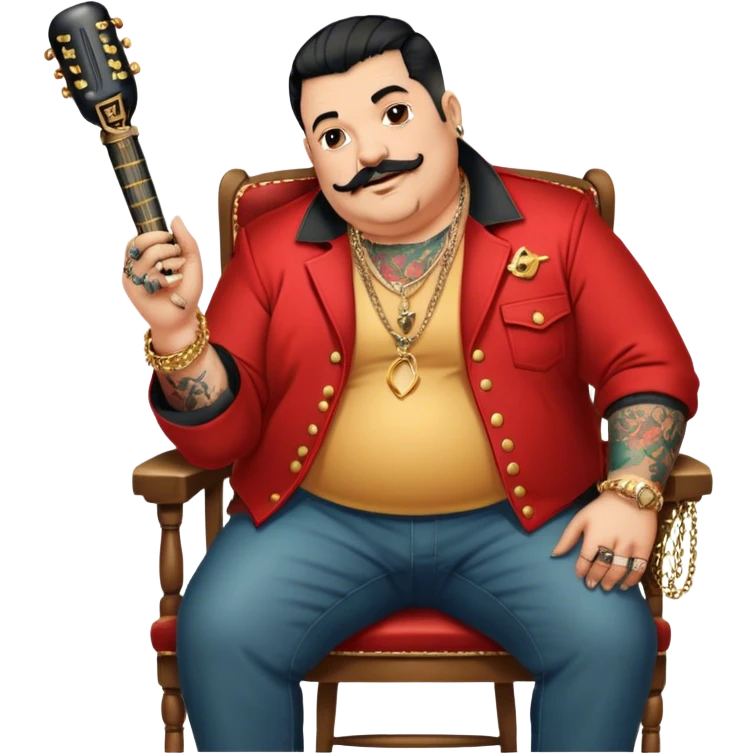 Icon for Chanson: Old fat chanson singer with tattoos and short moustache, red jacket, gold chains and braslettes, sitting on a chair with an acoustic guitar and standing microphone. The atmosphere should reflect a nostalgic, soulful vibe with vintage elements. Transparent background. emoji