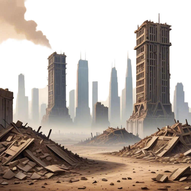 A desolate, abandoned Earth covered in thick layers of dust and smog. Skyscrapers made of compacted garbage towers rise among the ruins of a once-thriving city. The sky is a murky brown, with no signs of life, only the remnants of human civilization buried beneath waste. emoji
