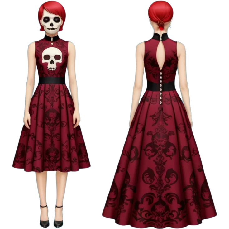 No human figures, Women's Skull Print Evening Dress in Oxblood, sleeveless evening dress featuring an all-over fiery red Skull print. High neck with button fastening, isolated, rendering emoji