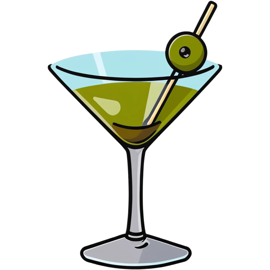 martini glass with crystal clear transparent liquid and an olive at the bottom skewered by a toothpick emoji