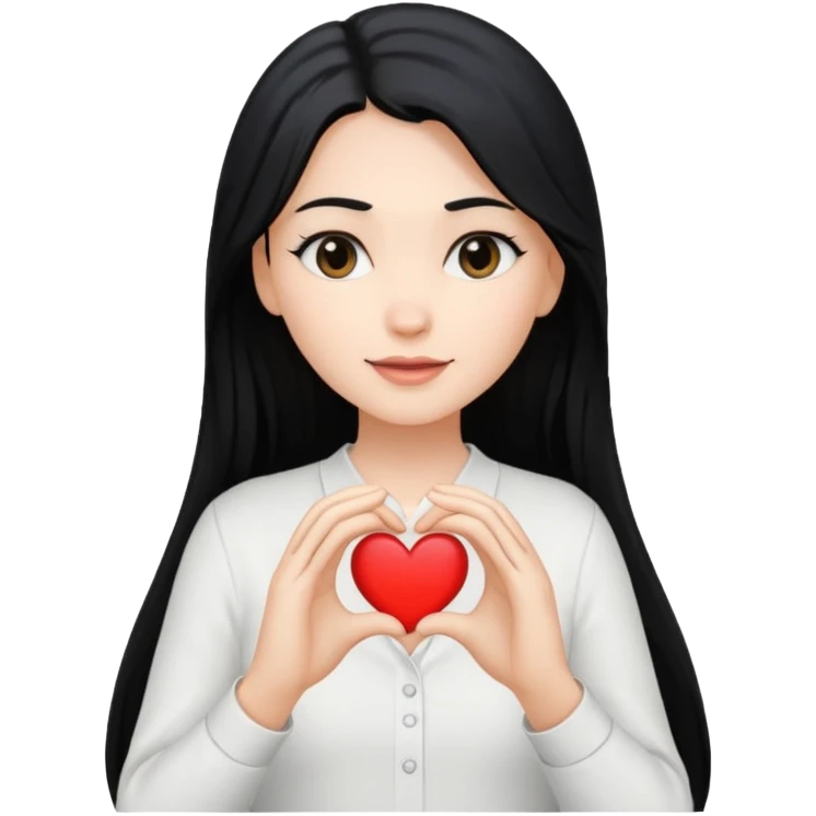 Mujer blanca cabello largo  negro haciendo un corazon con sus manos y tenga una camisa blanca emoji