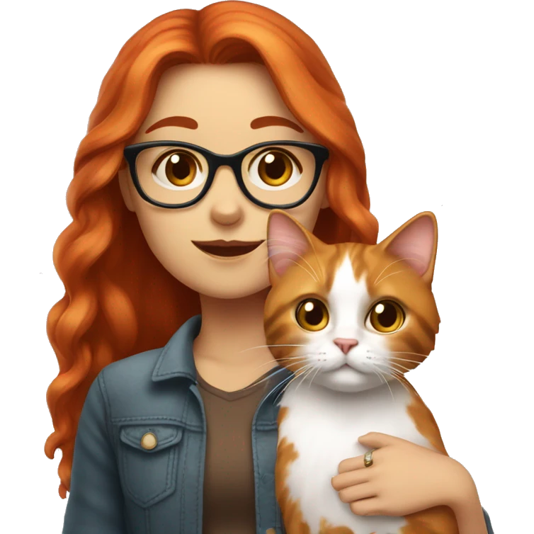 White skin Red head girl with glasses holding long-haired calico cat emoji