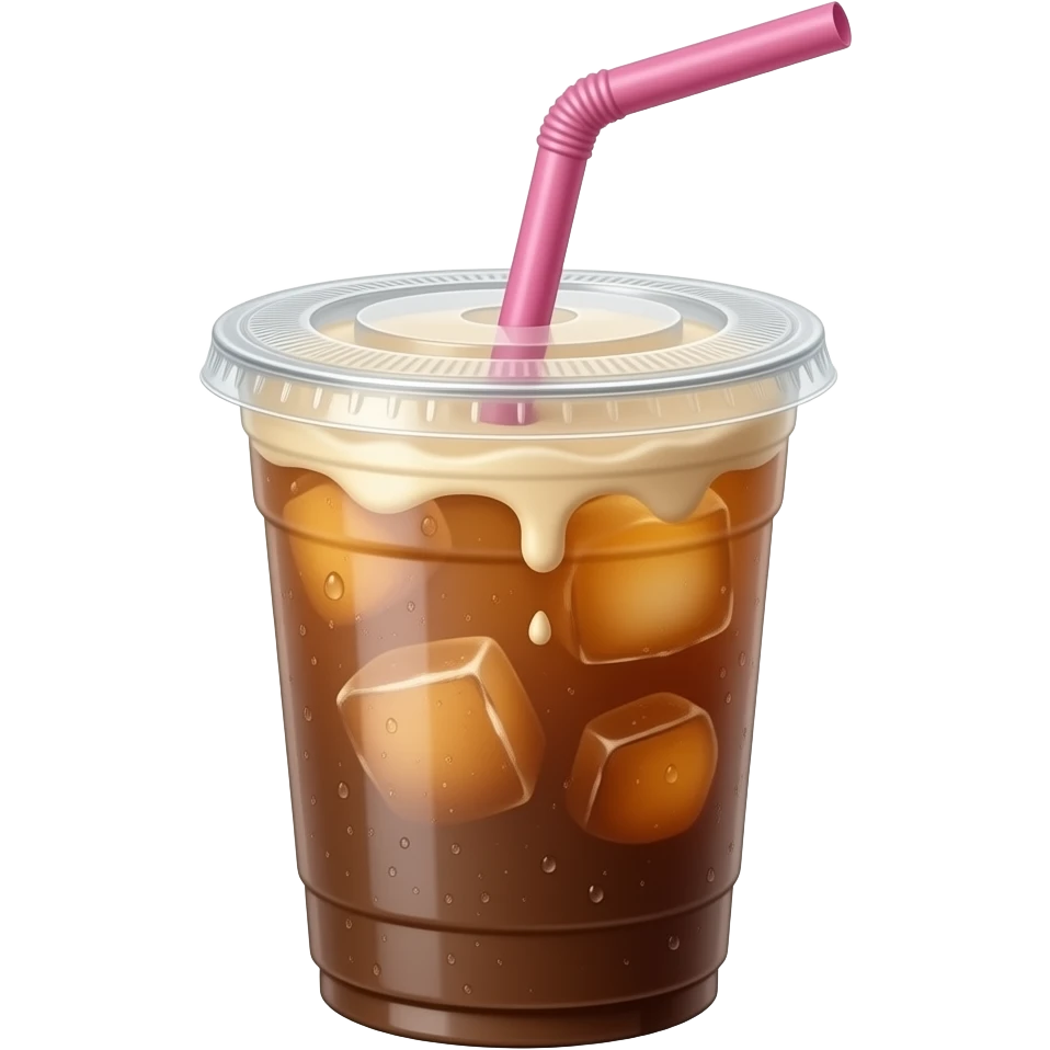 Iced coffee in to-go cup, flat lid, pink straw, little creamer emoji