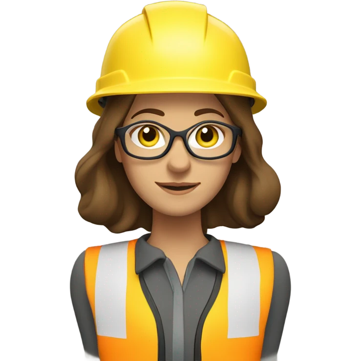 Caucasian woman with brown hair wearing a safety helmet, yellow safety vest, safety glasses and earplugs emoji