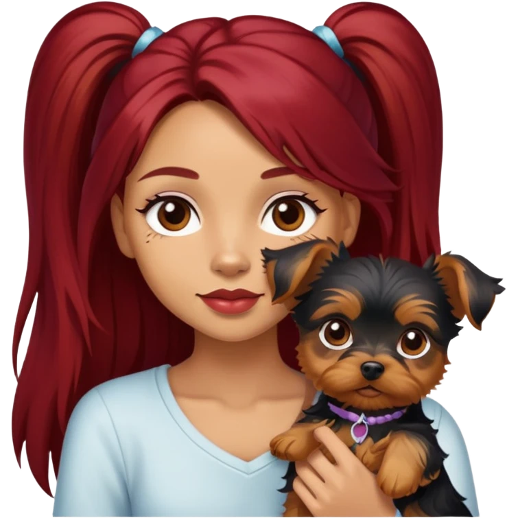 a light skin  girl with a yorkie puppy with dark red long hair emoji
