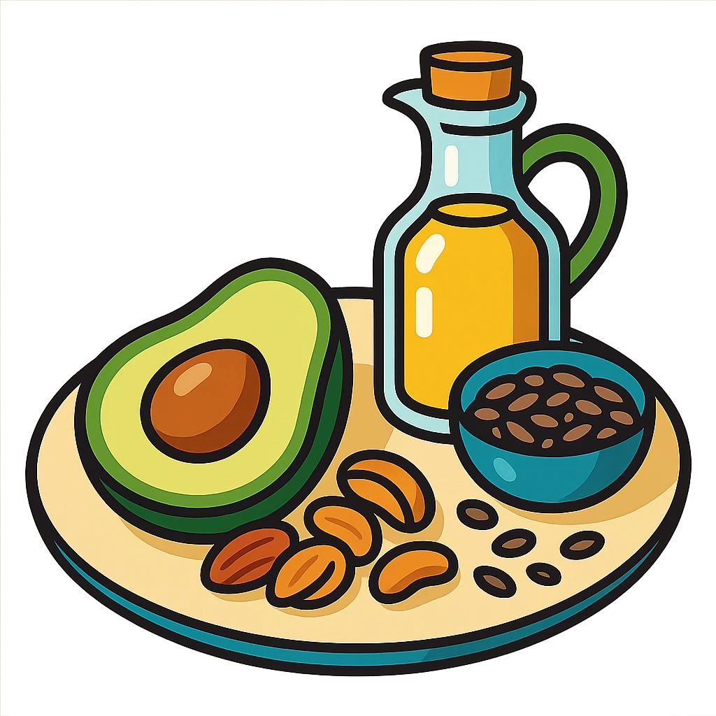 plate with avocado, nuts, olive oil, and seeds in vibrant toon style emoji