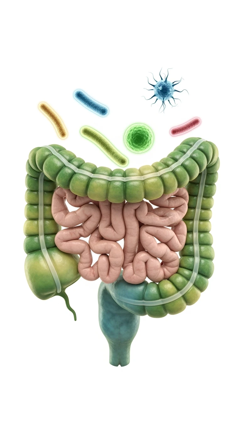 intestino umano anatomico con qualche batterio intestinale che gli fluttua intorno, ISOLATO SU SFONDO BIANCO emoji