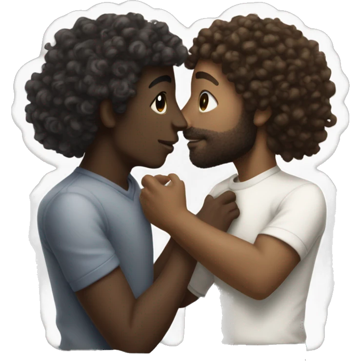 Dark skinned guy curly hair kissing a white guy with silky hair emoji
