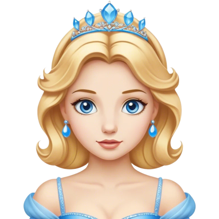 Cinematic Realistic Comical Cinderella Portrait, with every detail rendered realistically—from the soft, smooth texture of her fair skin to her artfully styled golden-blonde hair. Her bright blue eyes are wide with playful disbelief, and her expression carries a touch of whimsical humor while retaining elegant poise. Her classic ball gown, detailed with rich fabric textures and natural shadows, catches the light in a way that blends refined beauty with a hint of cheeky mischief, creating a striking, lifelike portrayal. emoji