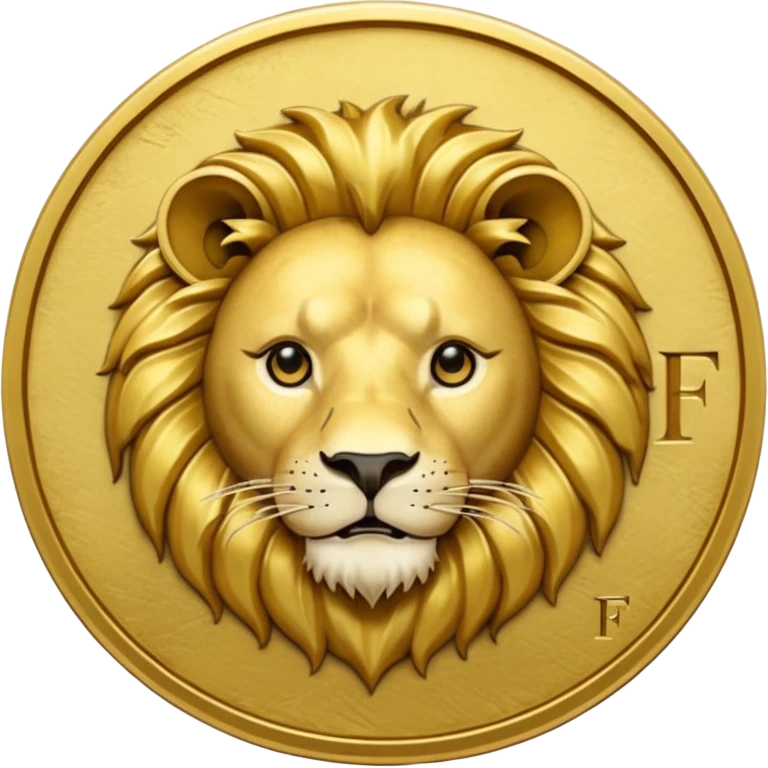 Fais un emoji de pièce d'or ronde avec l'inscription "F" dessus et un lion très détaillé gravé sur la pièce. Le F et le lion doivent être très lisible ainsi que les détails autour de la pièce. Le lion doit être gravé et en 2D il doit pas ressortir, il doit être subtile, le F doit être très visible emoji