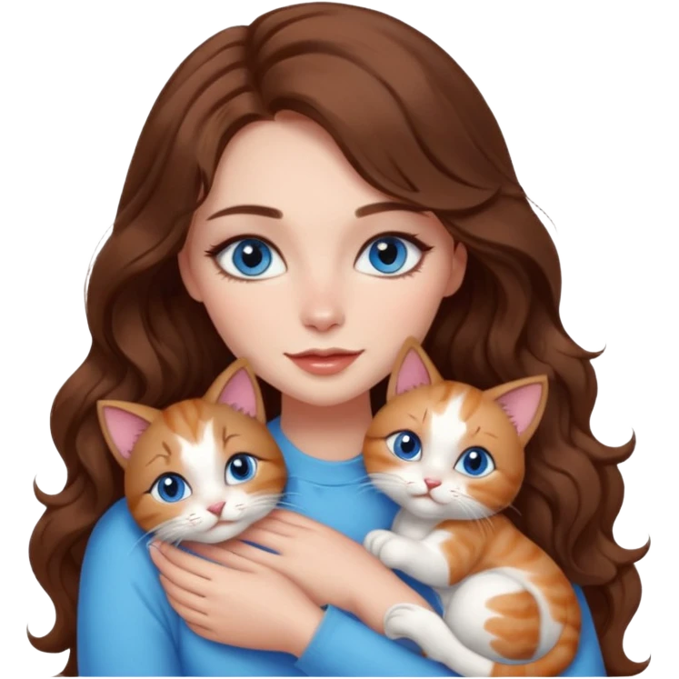 girl with long wavy brown hair, blue eyes, long lashes makeup, cuddling with 6 cute cats emoji