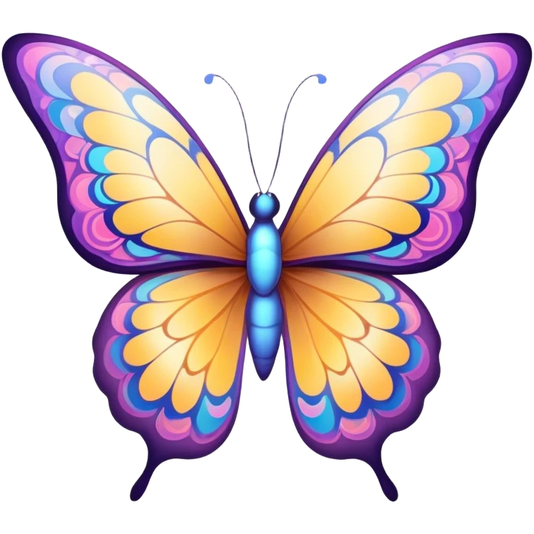Cinematic Elegant Butterfly Portrait Emoji, Poised and ethereal, with delicate, intricately patterned wings in a kaleidoscope of soft, vibrant colors, a slender, graceful body, and gentle, observant eyes, Simplified yet exquisitely delicate features, highly detailed, glowing with a soft, radiant luminescence, high shine, intelligent and enchanting, stylized with an air of whimsical floral elegance, focused and poised, soft glowing outline, capturing the essence of a watchful butterfly that appears ready to flutter out of the screen with magical grace! emoji
