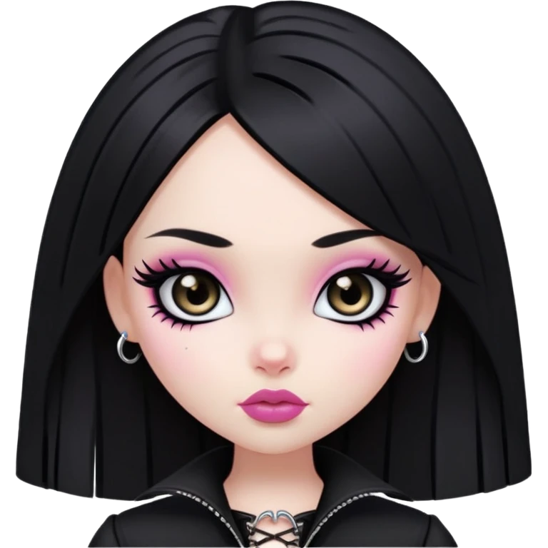 pretty bratz girl, black straight hair, dark brown eyes, pink lips, black eyeliner, pale skin, black gothic clothes emoji