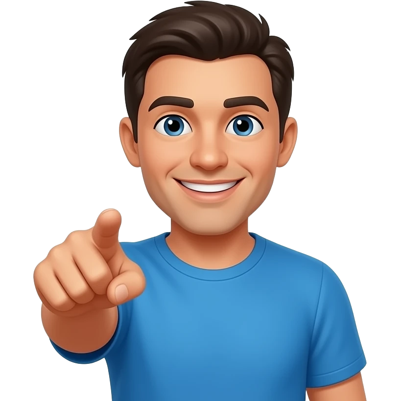 A smiling man pointing at the camera with the words ‘YOU’RE WELCOME!’ Overhead emoji