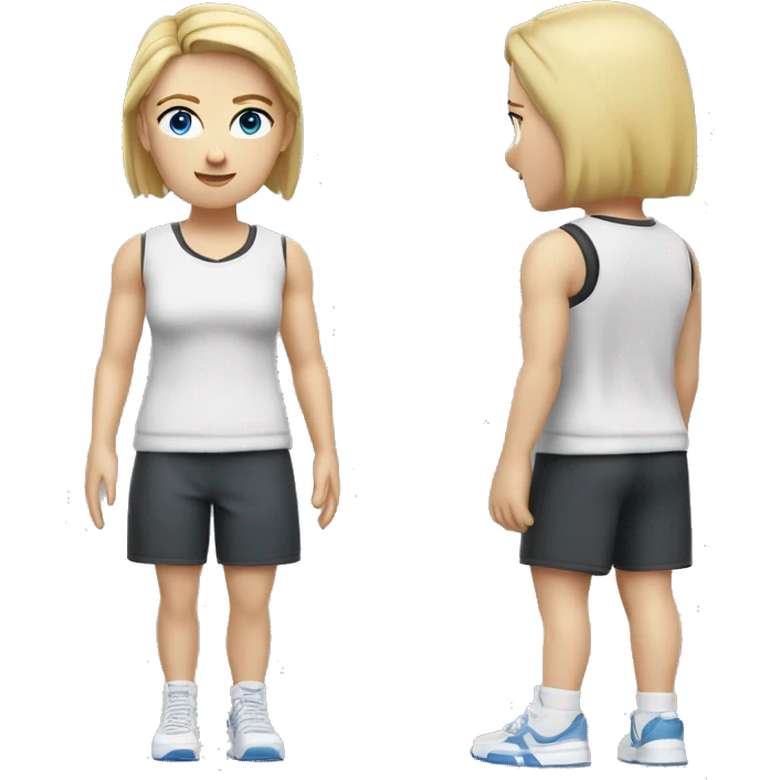 Close up Actively Pale skinned Fit woman With the biceps and blonde hair in dark gray Sleeveless Mike, black sports shorts, watch and white Sneakers and Blue Eyes  emoji