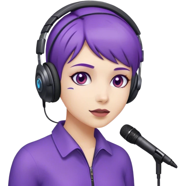 Purple, short haired girl wearing a headset with mic emoji