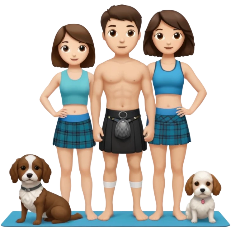 emoji of brunette man wearing kilt, brunette woman in yoga outfit and white cockapoo dog emoji