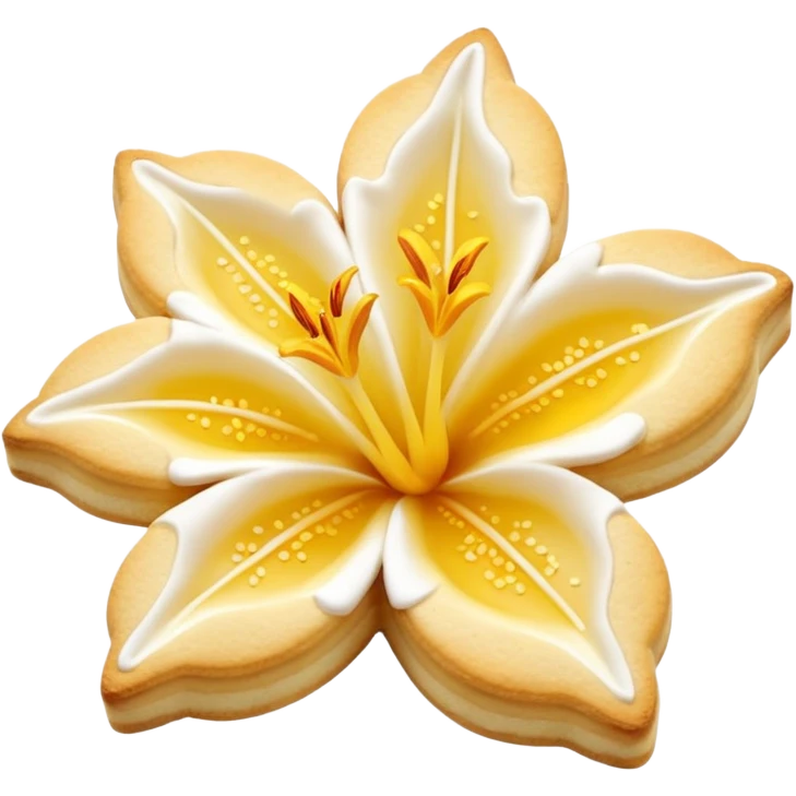 Realistic shortbread cookie in the shape of a lily flower with pastel yellow color jelly middle filling and sprinkled powder sugar on top. emoji