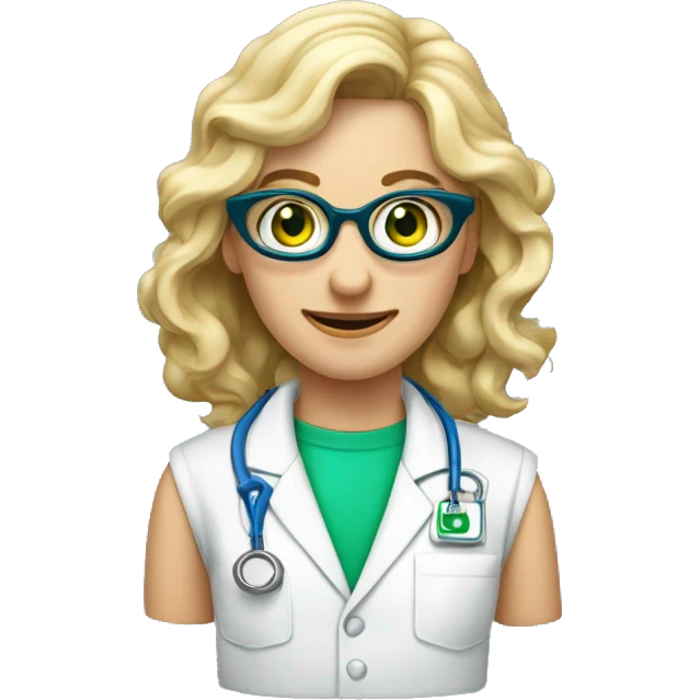 Enfermera vestida de verde, rubia pelo rizado, ojos azules con gafas  emoji