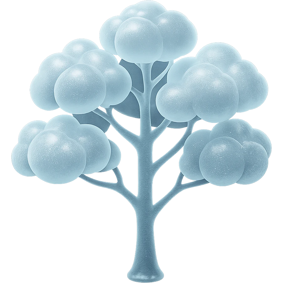one tree with many branches and a white trunk, crown made of small very bright white fluffy convex clouds, matte glass style emoji