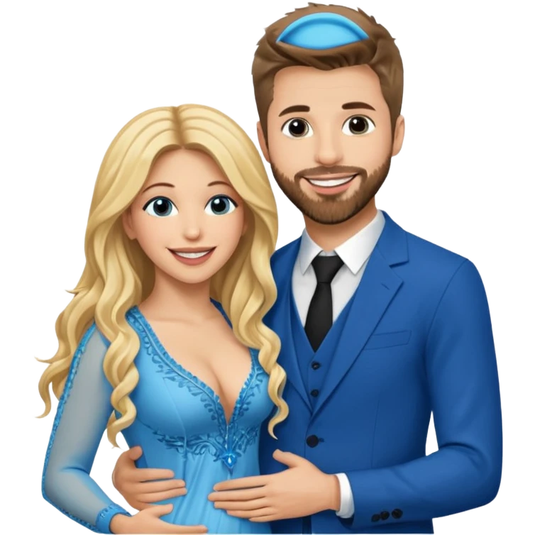 Shakira with blue eyes and her husband  Gerard pique with blue eyes  holding her in his arms. They both laugh at each other. Its beautiful and romantic. Also their outfits are very elegant  emoji